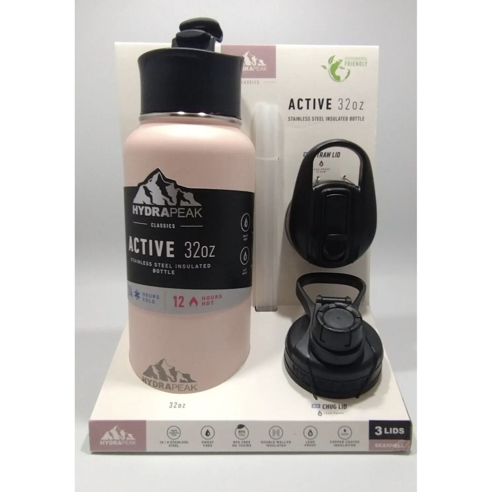 HYDRAPEAK WATER BOTTEL 32 OZ STAINLESS STEEL WITH 3 LIDS!! Pink Bubblegum Color